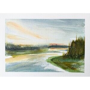 Watercolor Painting Orig. Sunset Bass Harbor Marsh Acadia Natn'l Park Signed 5x7